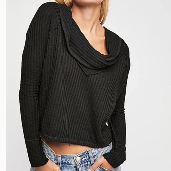 Free People We the Free Waffle Thermal Wildcat Cowl Neck Top Black - Picture 1 of 3